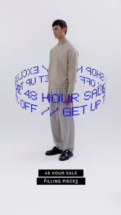 a man standing in front of a white background with blue letters over his head and the words'hour sale filing pieces'above him