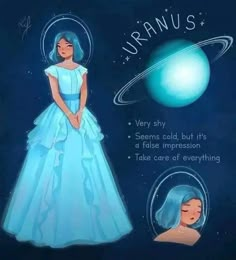 an image of a woman in a blue dress with saturn on the back and stars above her