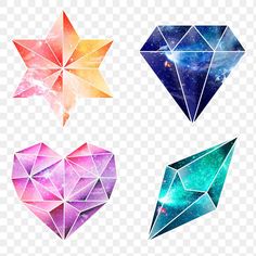 four different shapes of diamonds with stars and galaxy in the background, on top of each other