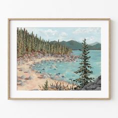 a painting of a lake surrounded by pine trees and rocks in the foreground, with mountains in the background