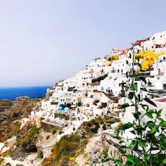 white buildings on the side of a hill with blue water in the background