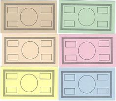 four different colored squares with circles and rectangles on them, all in pastel colors