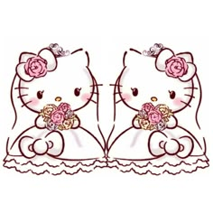 two hello kitty sitting next to each other with flowers in their hair and holding bouquets