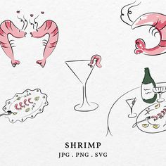 shrimp and cocktails are featured in this hand drawn illustration