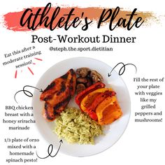 a white plate topped with meat and veggies next to a post - workout dinner