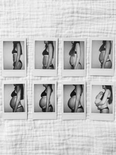 six black and white photographs of women's butts on a sheeted surface