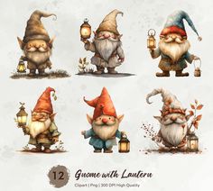 gnomes with lanternies digital clipart set