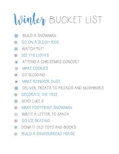 the winter bucket list is shown in blue and white