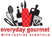 the logo for every gourmet with justine scoffield's cooking class