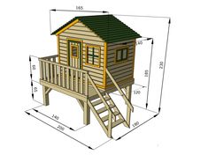 a wooden treehouse with stairs and deck plans for the upper level, side view