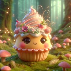 there is a cupcake with pink frosting on it in the middle of mushrooms