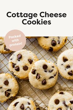 several cookies on a cooling rack with the words cottage cheese cookies in front of them