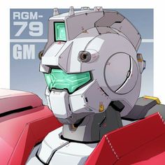 a robot that is standing in front of a sign with the words rgm - 79 gm on it