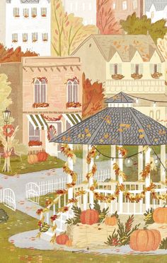 an illustration of a gazebo surrounded by fall foliage and pumpkins in the foreground