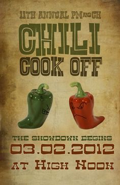 an advertisement for chili cook off with two peppers on the front and one pepper on the back