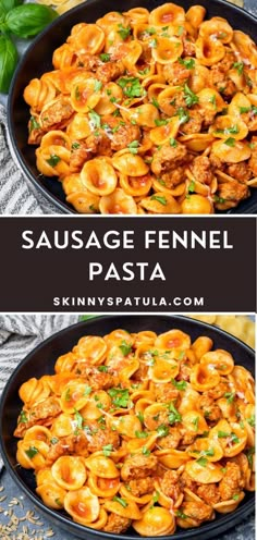 sausage fennel pasta in a skillet with spinach and parmesan cheese