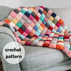 a crochet blanket on a couch with the words crochet pattern below it