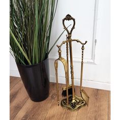 a plant in a black vase next to a gold clock on a wooden floor near a door