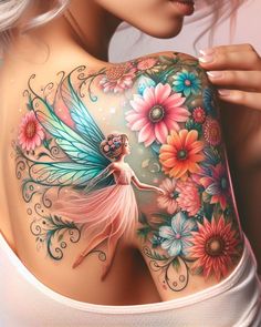 #tattoos #tattooshop #tattoosleeve #tattoosofinstagram #tattoostudio #tattoosnob #tattoosketch #tattoostyle #tattooslove #tattoosrock #tattoostagram #tattoosocial #tattoosociety #tattoosday #tattoosp #tattooselection Fairy Mom And Daughter Tattoos, Tattoo Ideas Family Unique, Fairy Shoulder Tattoo, Flower Fairies Tattoo, Hydrangea Tattoo, Fairy Tattoos, Floral Back Tattoos, Dandelion Tattoo, Butterfly Tattoos For Women