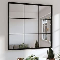 a mirror that is on the wall above a table with some plants in front of it