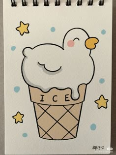 a drawing of an ice cream cone with stars on the side and a white bird sitting on top