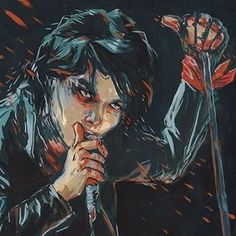 a painting of a person holding a microphone