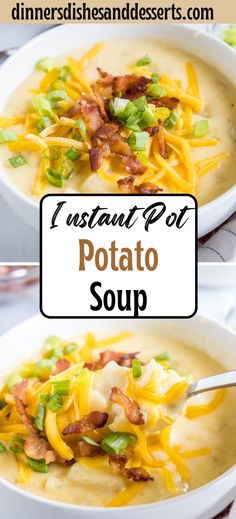 two pictures of potato soup with bacon and cheese