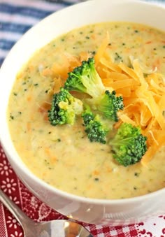 broccoli and cheese soup in a white bowl