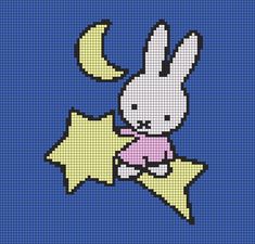 a cross stitch pattern with a rabbit holding a star in it's lap, on a blue background