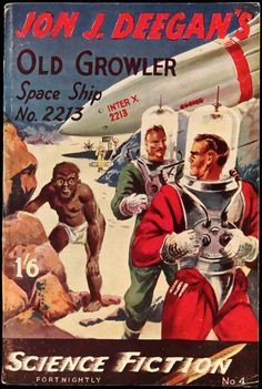 an old book cover for science fiction, featuring two men in space suits and one man with