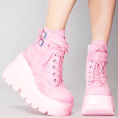 You’re A Brat And You Know It With The Sucker Punch Platform Boots From Demonia. These Cute Festival Boots Feature An All Pink Vegan Suede Upper, Lace-Up Front, Holograph Hardware, Strap And Buckle Details At The Ankle, And Interior Zipper Closure. Throw On These Cute Boots And Let Them Know As Long As You Get What You Want No One Gets Hurt! Sucker Punch Platform Boots 4 1/2" Wedge Platform Microfiber Suede Leather Goth Punk Gogo Knee Boot Double Buckled Ankle Straps Back Zipper Closure Pink Chunky Shoes Reference, Platform Boots Pink, Pink Goth Shoes, Casual Pink Lace-up Heels, Casual Pink Ankle-high Platform Boots, Spring Platform Boots With Laces And Round Toe, Spring Platform Boots With Round Toe And Laces, Pink Platform Boots For Streetwear, Casual Pink High Heel Platform Boots