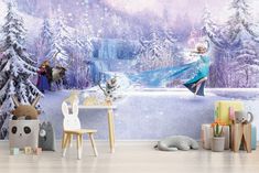 frozen princess wallpaper mural in a children's room with toys and decorations on the floor