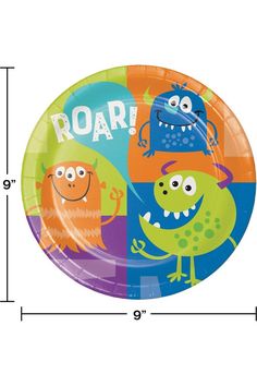 a paper plate with monsters on it and the words roar written in large, bold letters