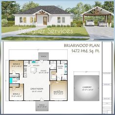 the floor plan for a house with two car garages and an attached porch area