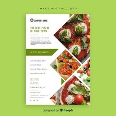 a green and white flyer with different pizzas on it, including tomatoes, peppers, basil