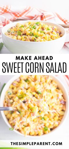 make ahead sweet corn salad in a white bowl with text overlay that reads, make ahead sweet corn salad