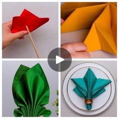 four different pictures showing how to make origami flowers