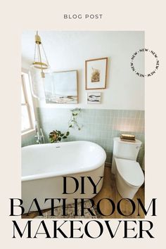 a white bath tub sitting next to a toilet in a bathroom under a framed photo