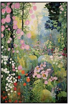 a painting of flowers and trees in the woods with pinks, yellows, and green