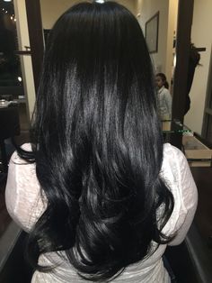 Jet Black Blowout, Jet Black Hair Asian, Jet Black Hair Medium Length, Black Blowout Hair, Blowout Black Hair, Black Hair Blowout, Black Asian Hair, Long Asian Hair, Pitch Black Hair