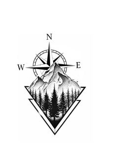 a compass with trees and mountains on it