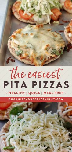 homemade pizzas with cheese and vegetables on top