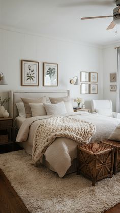 a bedroom with white walls and carpeted flooring has a large bed covered in beige blankets