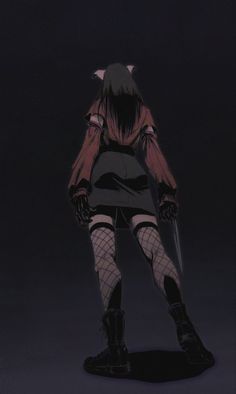 an anime character is standing in the dark with her legs crossed and holding a knife