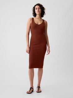 Saw this on Gap: Brown Ribbed V-neck Dress, Sleeveless Ribbed Midi Dress For Date Night, Casual Bodycon V-neck Dress, Elegant V-neck Gap Dress, Ribbed V-neck Midi Dress For Date Night, Casual Ribbed Dress For Date Night, Spring Brown Ribbed Midi Dress, Spring Longline Bodycon Midi Dress, Trendy Ribbed V-neck Dresses