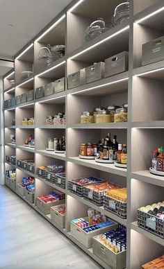 the shelves are full of food and drinks