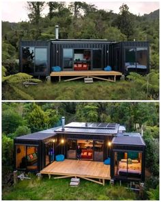 two pictures side by side of a house made out of shipping containers