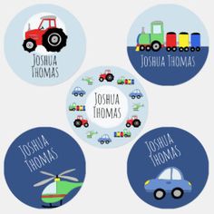 four personalized stickers with tractors, trucks and cars in blue circles on a white background