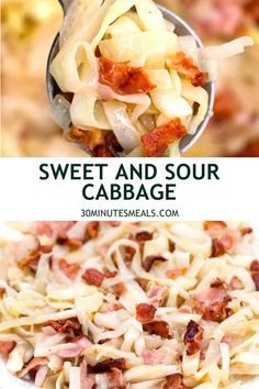 two pictures with the words sweet and sour cabbage on them, and an image of pasta in