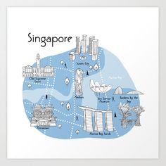 the singapore city map is shown in blue and white art print by artist mark taylor